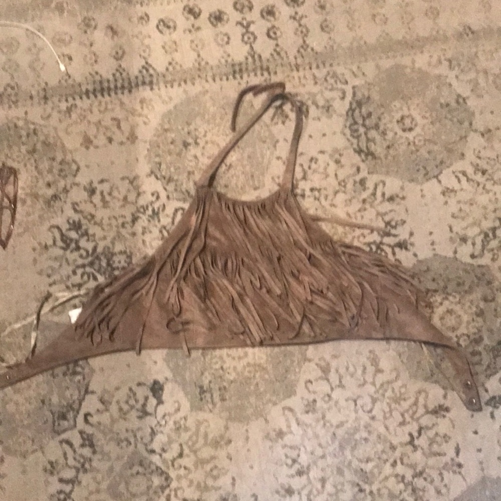 BCBG cropped fringe halter top faux suede